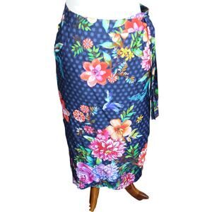 Johnny Was Wrap Midi Skirt Womens Medium Blue Floral Silk Boho Resort Vacation